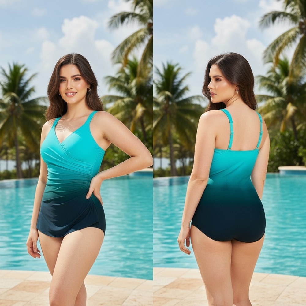 Lands' End Teal to Navy Ombre One-Piece Swimsuit
